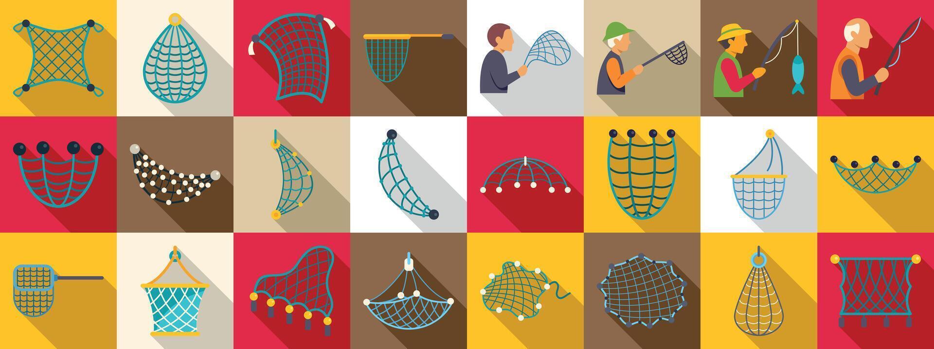 Fishing net icons set. Fishing net icons set with fishermen using landing net and fishing rod for catching fish vector