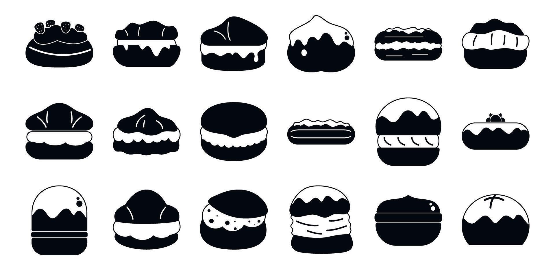 Cream puff icons set. Set of whoopie pie, macarons and eclair icons showing different fillings and toppings vector