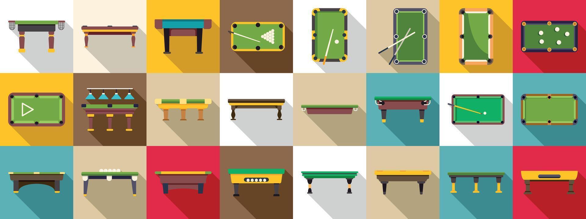 Billiard table icons set. Billiard tables showing variety of game and table styles in flat design vector