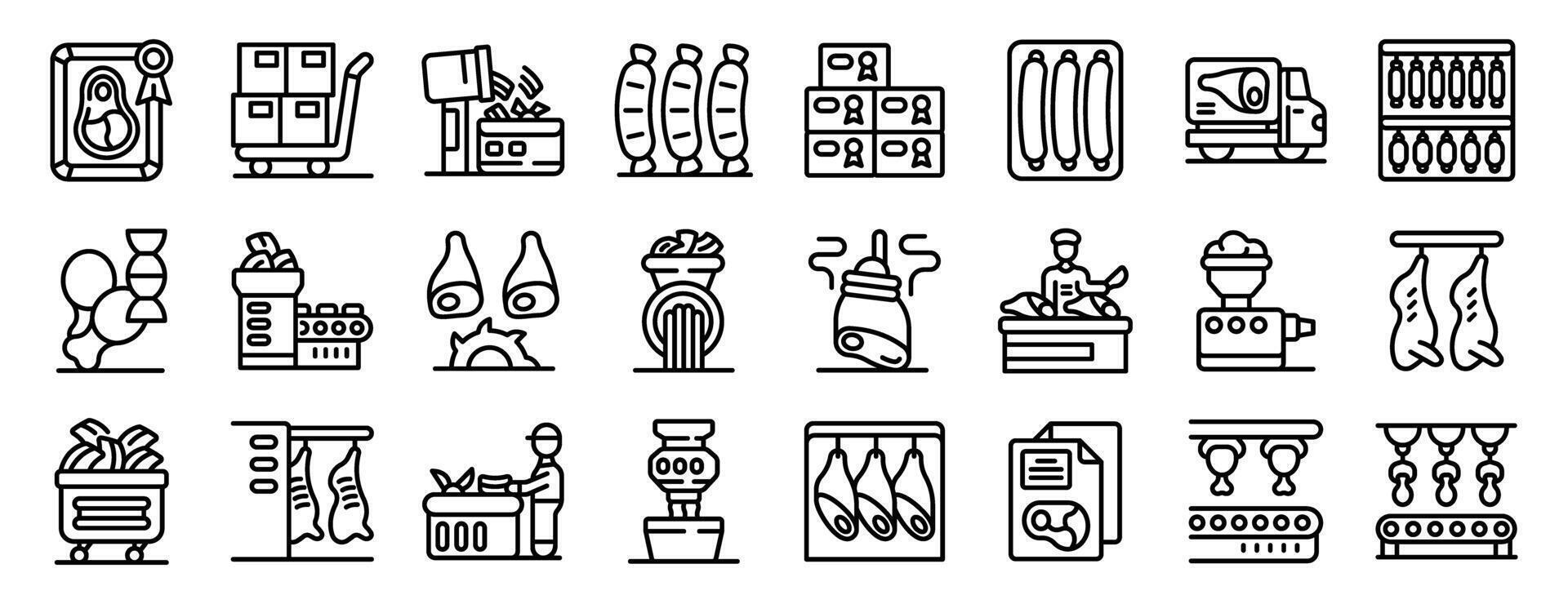 Meat processing icons set. Meat processing and production icons showing various stages from butchery to packaging vector