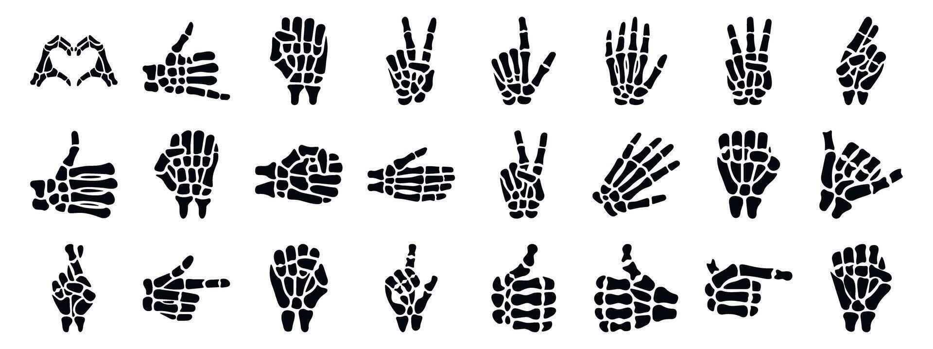 Skeleton bone gesture icons set. Skeleton hands making gestures, from heart shapes to pointing fingers vector