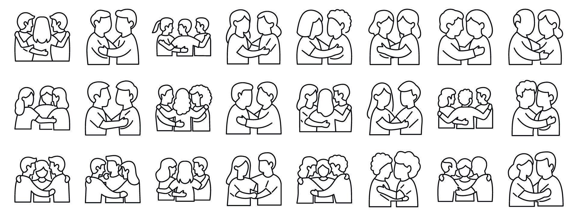 Team huddle icons set. People hugging each other, showing support and affection in various group sizes vector