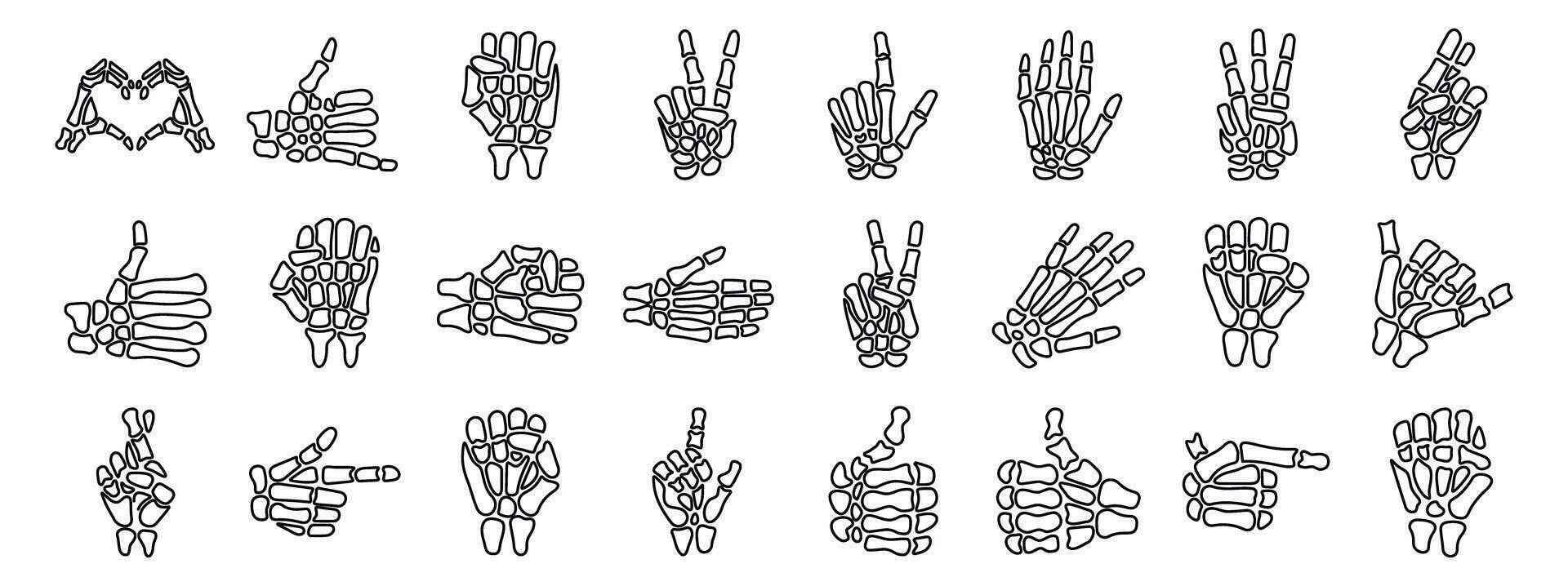 Skeleton bone gesture icons set. Skeleton hands making various gestures, including heart shape, thumbs up, pointing, and peace sign vector