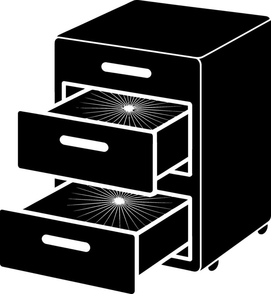 Black two drawer filing cabinet with open drawers and starburst pattern storage office vector