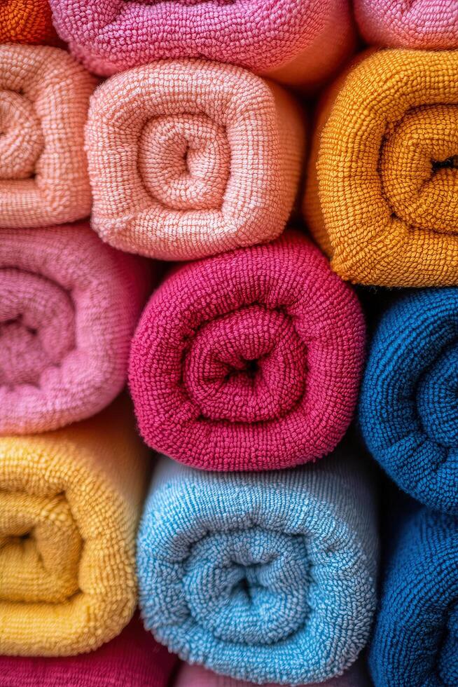 Vibrant rolled terrycloth towels create a colorful abstract textural pattern with bright hues and soft fabrics photo