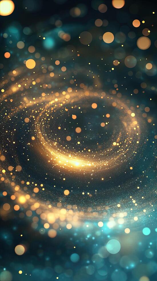 Glowing golden orbs cascade within a deep teal abyss, creating magical depth and wonder photo