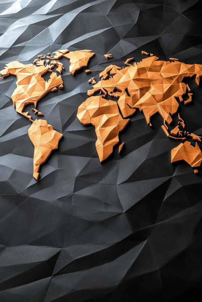 Golden world map features a polygonal structure on a geometric black background creating unique texture photo