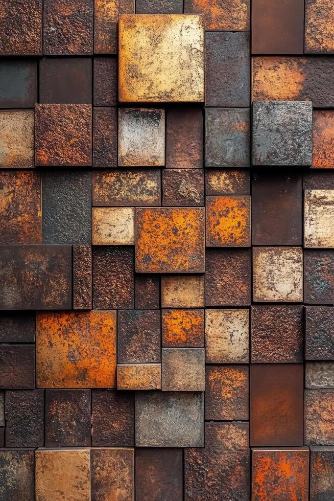 Textured square blocks in brown and gold create a visually striking three dimensional stacked pattern photo
