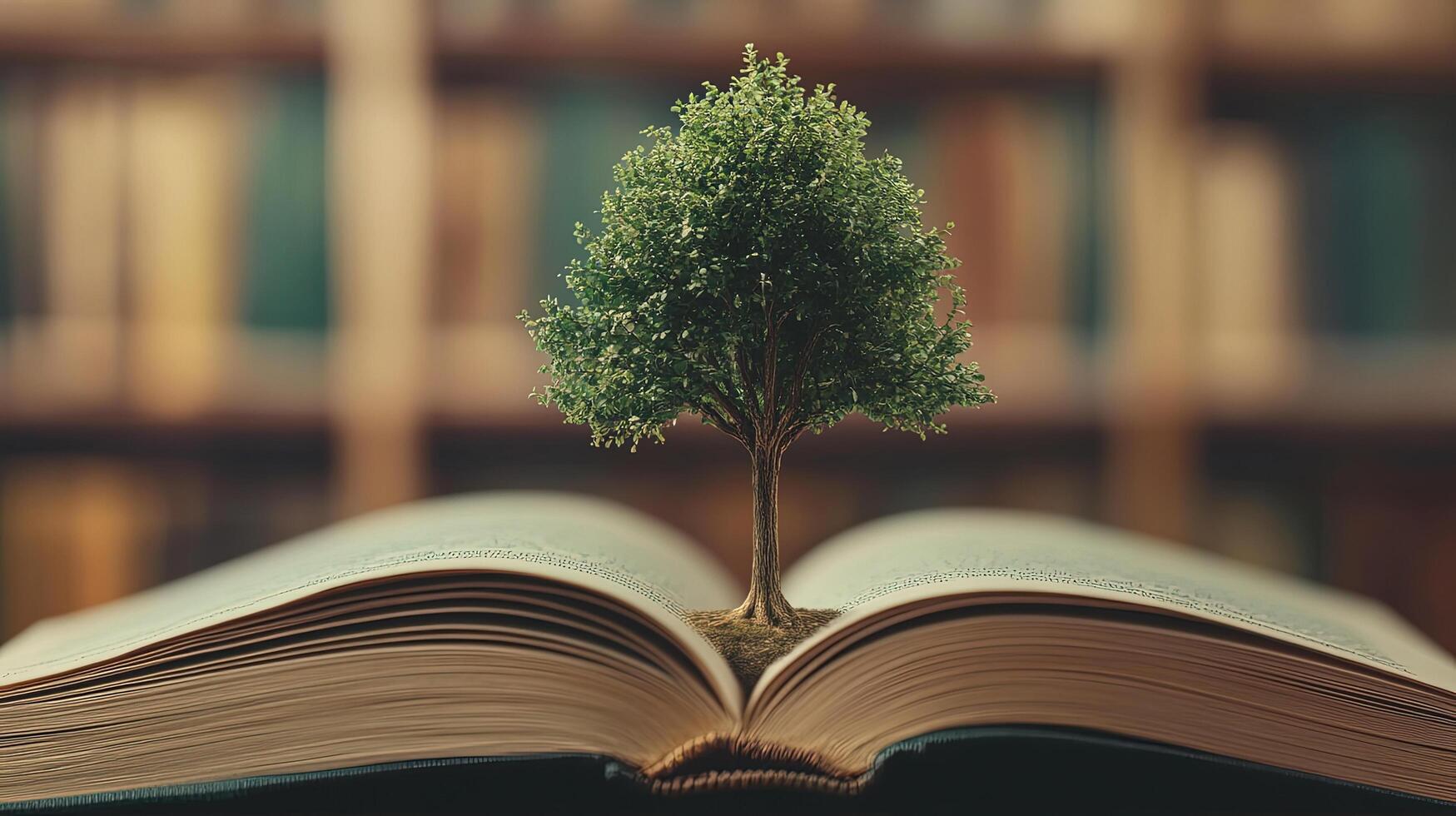 Verdant tree grows from an open book with a soft bookshelf backdrop photo