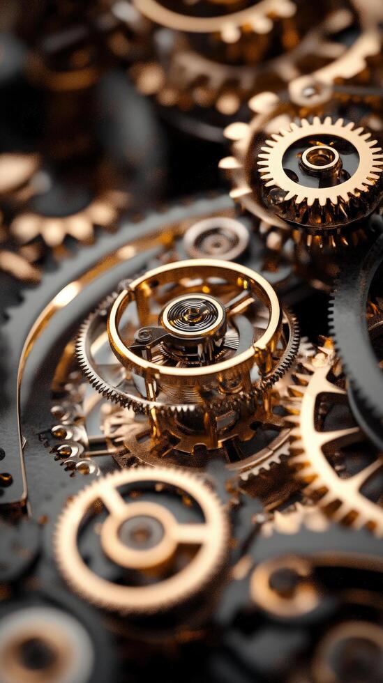 Golden mechanical gears interlock, showcasing intricate engineering and clockwork precision in a close up view photo