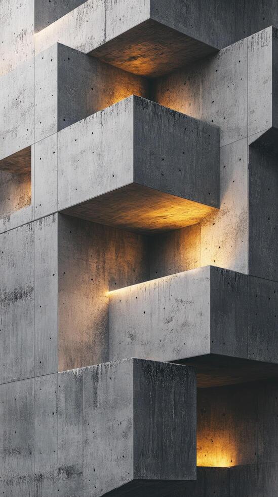 Light glows warmly within concrete cubes layered in an architectural building structure pattern photo