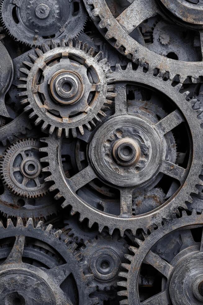 A complex assembly of interconnected gray gears forms a dense, industrial, mechanical pattern photo