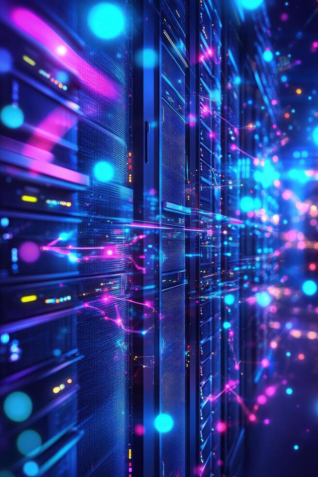 Server racks glow brightly with neon connections and data streams within the data center photo