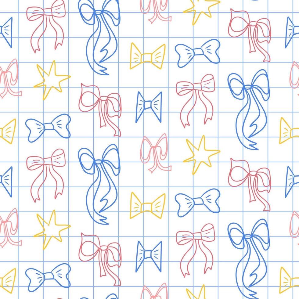Seamless pattern with colorful bows and stars drawn on a grid paper background. Represents school style, creativity, and decorative design elements vector