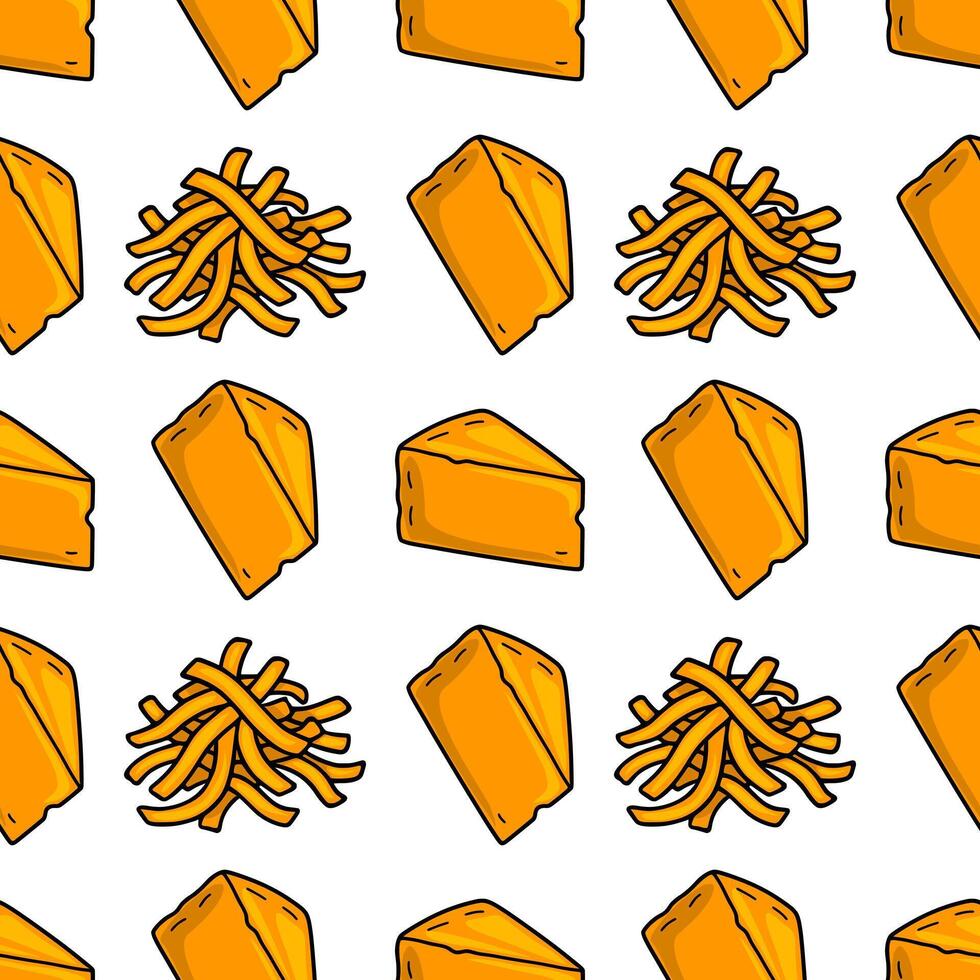Seamless pattern featuring handdrawn illustrations of cheese wedges and grated cheese, creating a playful and appetizing design ideal for food packaging or culinary-themed projects. vector