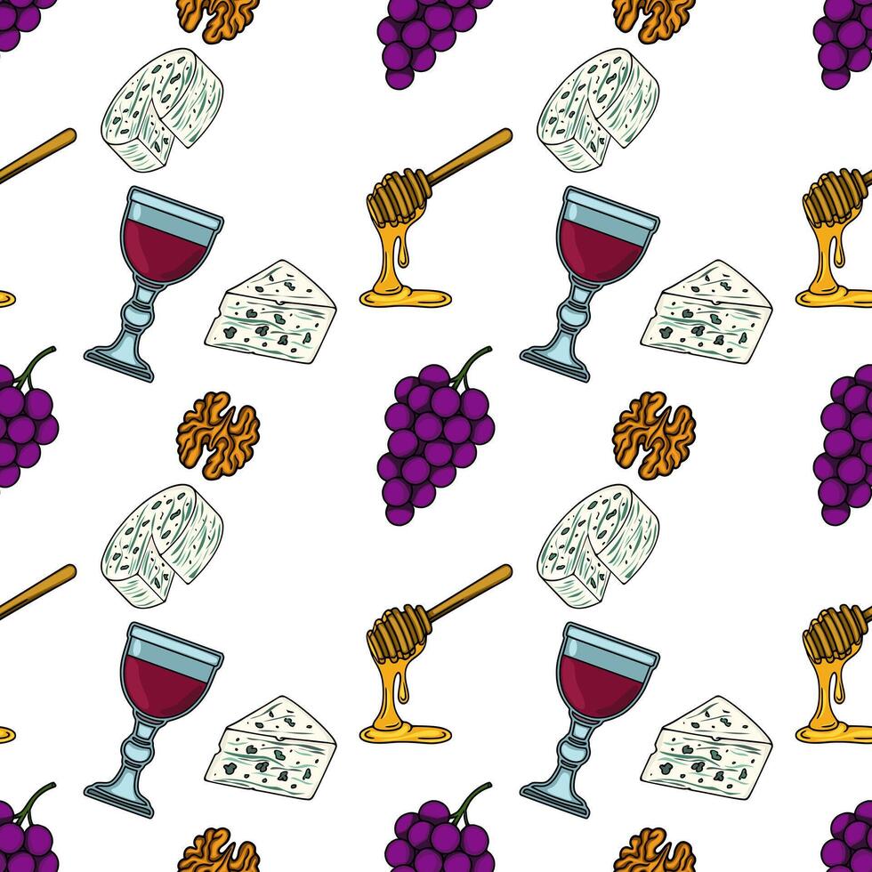 Seamless pattern featuring handdrawn illustrations of gorgonzola cheese, red wine, honey, walnuts, and grapes, creating a delightful culinary composition. vector