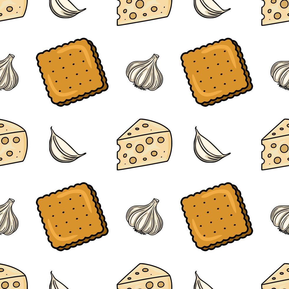 Seamless pattern featuring hand-drawn illustrations of crackers, cheese wedges, and garlic cloves, creating a playful yet appetizing design. vector