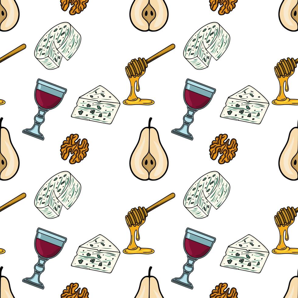 Seamless pattern featuring hand-drawn illustrations of Gorgonzola cheese, pears, walnuts, honey, and a glass of red wine, creating a sophisticated and appetizing design. vector