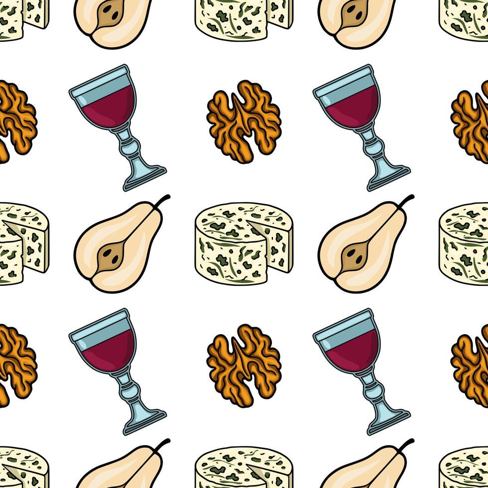 Seamless pattern featuring hand-drawn illustrations of gorgonzola cheese, pears, walnuts, and glasses of red wine, creating a sophisticated and appetizing design. vector