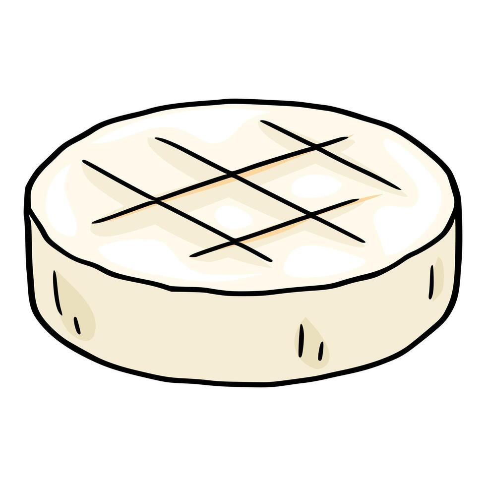 A illustration of a single round Camembert cheese wheel with a distinct crosshatch pattern on top, presented in a handdrawn cartoon style with creamy beige and white color palette. vector