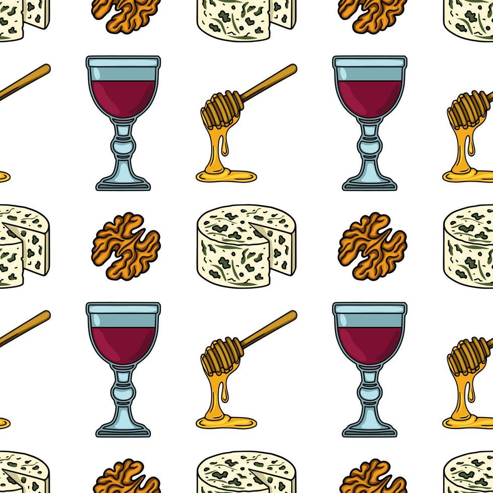 Seamless pattern featuring a delightful arrangement of blue cheese, walnuts, honey dipper, and glasses of red wine, creating a visually appealing and appetizing design. vector