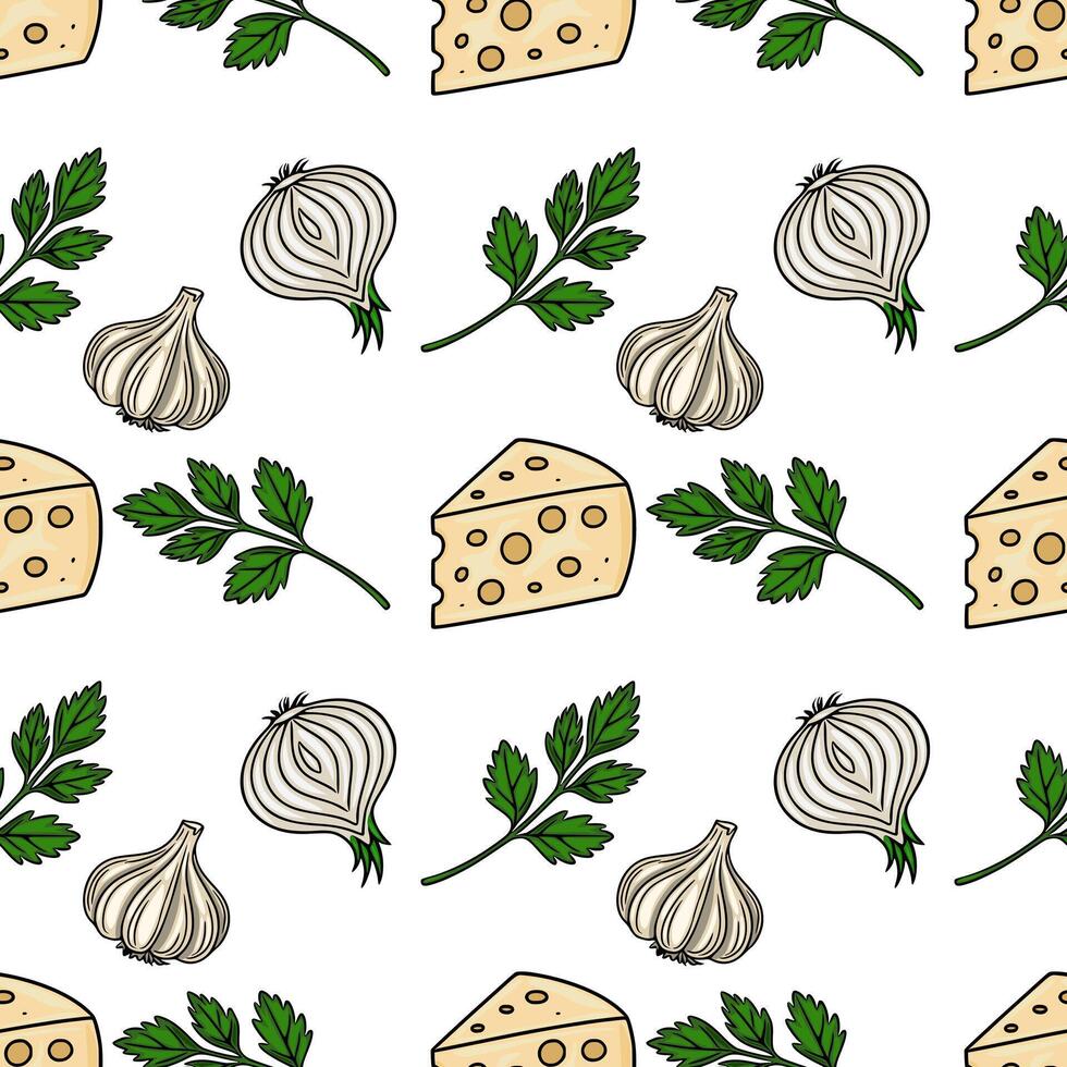 Seamless pattern featuring handdrawn illustrations of cheese wedges, garlic cloves, onions, and parsley sprigs, creating a vibrant and appetizing culinary design. vector