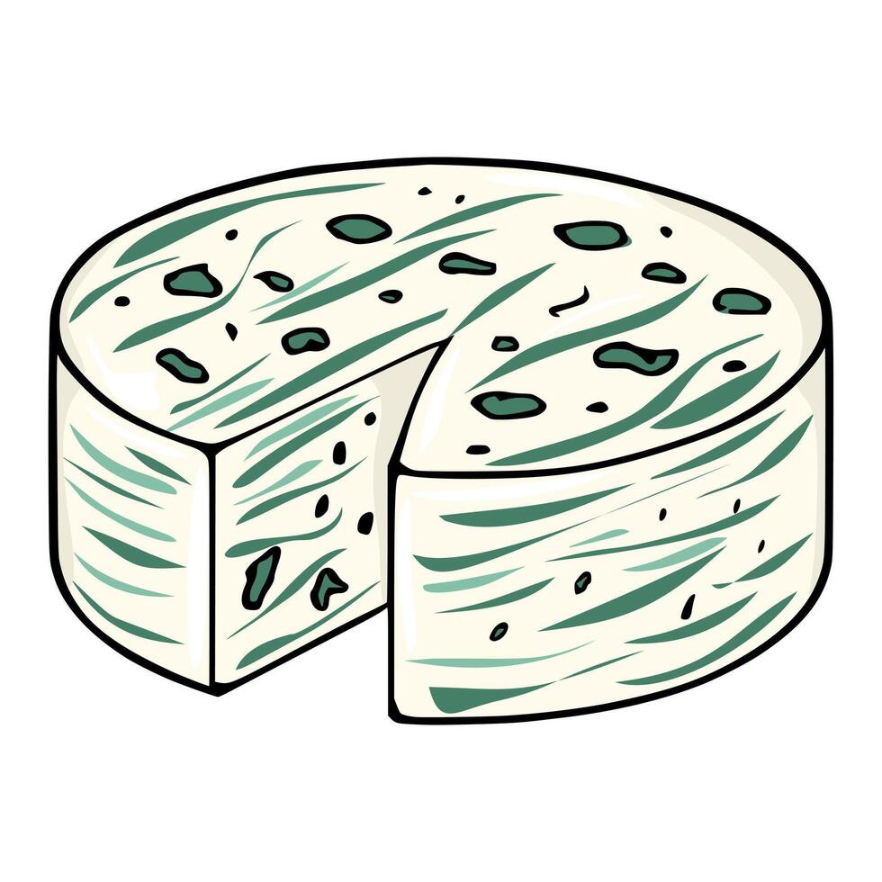 A illustration of a round Dorblu cheese wheel with a slice removed, showcasing a creamy off-white base with green marbling and dark green specks throughout, creating a visually appealing and unique... vector
