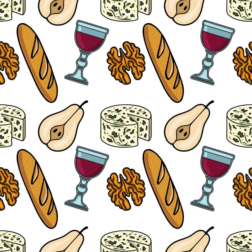 Seamless pattern featuring handdrawn illustrations of gourmet cheese, baguette, pear, walnuts, and a glass of red wine, creating a sophisticated and appetizing design. vector