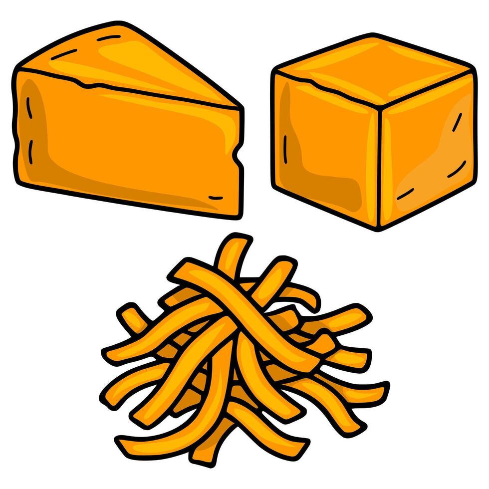 A vibrant illustration featuring three distinct forms of Cheddar cheese a triangular wedge, a cube, and a pile of shredded cheese, all rendered in a bold, hand-drawn style with a bright orange hue. vector