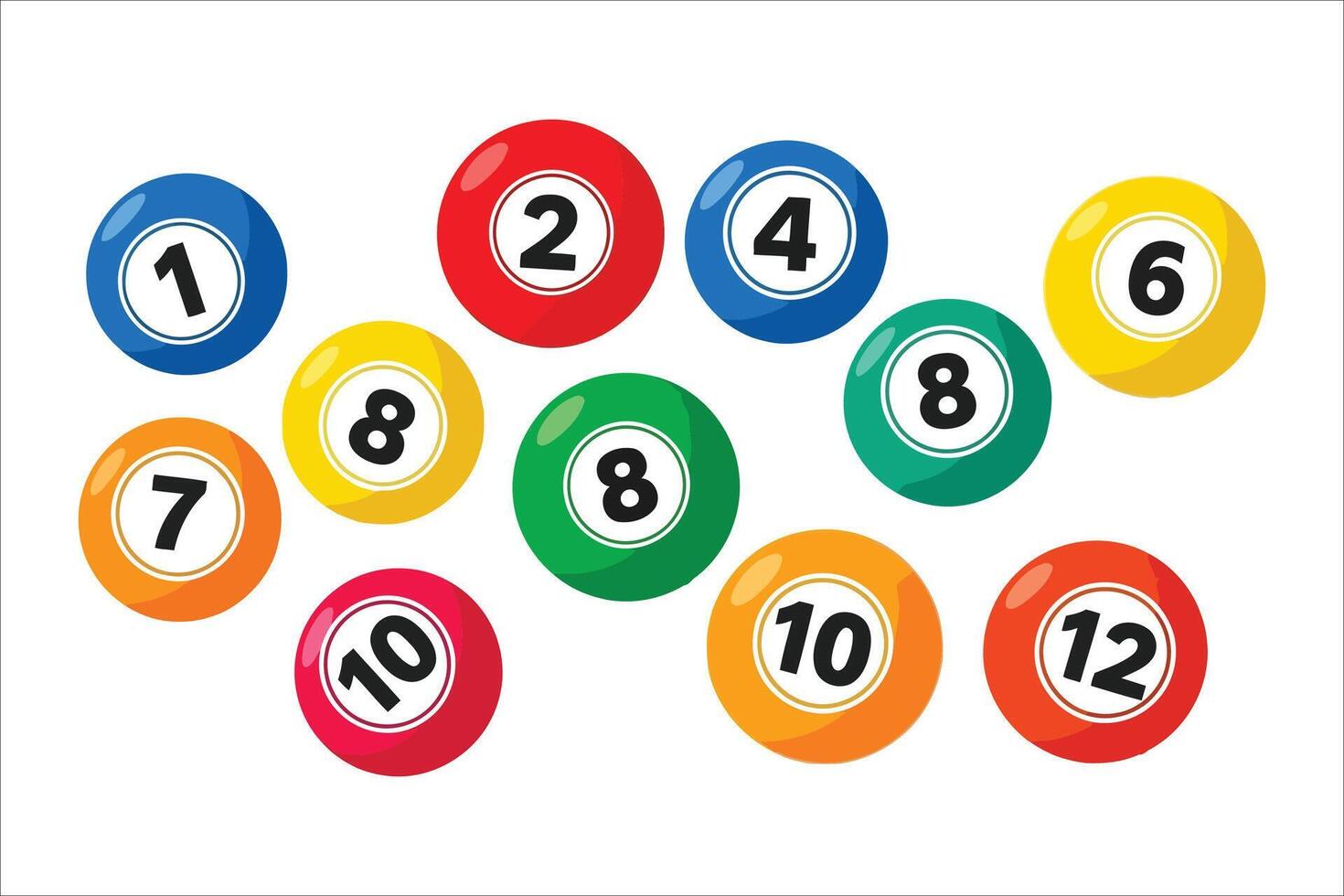 12 stylized bingo balls with different numbers. Clean, simple round shapes with bold fill. Bingo Ball Icons Set. Simple Numbered Ball. vector