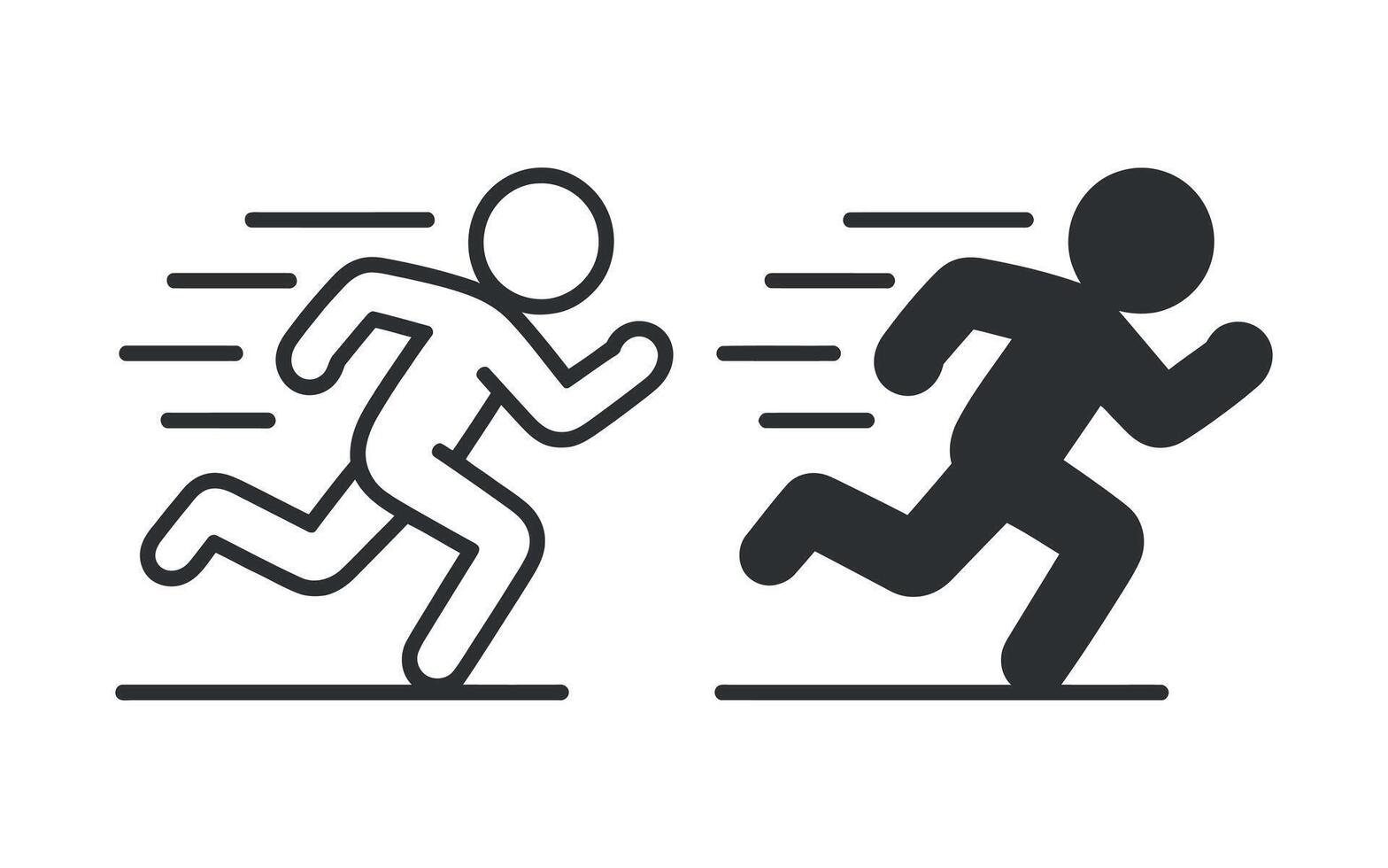 Running Man Icon Set with Speed Trails, Showcasing Movement and Velocity in Outline and Solid Styles Design vector