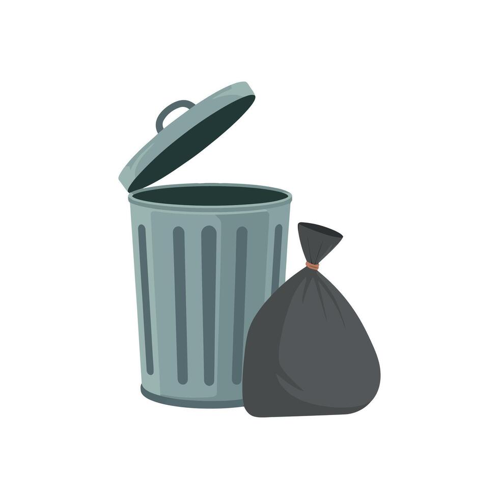 Trash Can Illustration with Open Lid and Garbage Bag for Waste Disposal and Environmental Protection vector