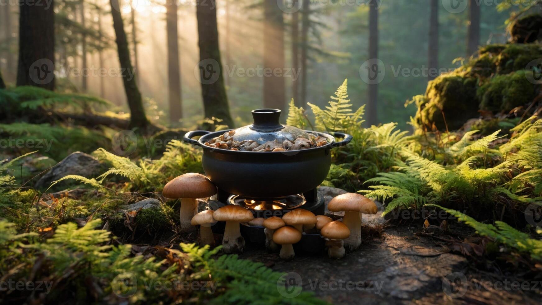 Cooking mushrooms in a pot over an open flame in a serene forest setting with sunlight filtering through trees photo