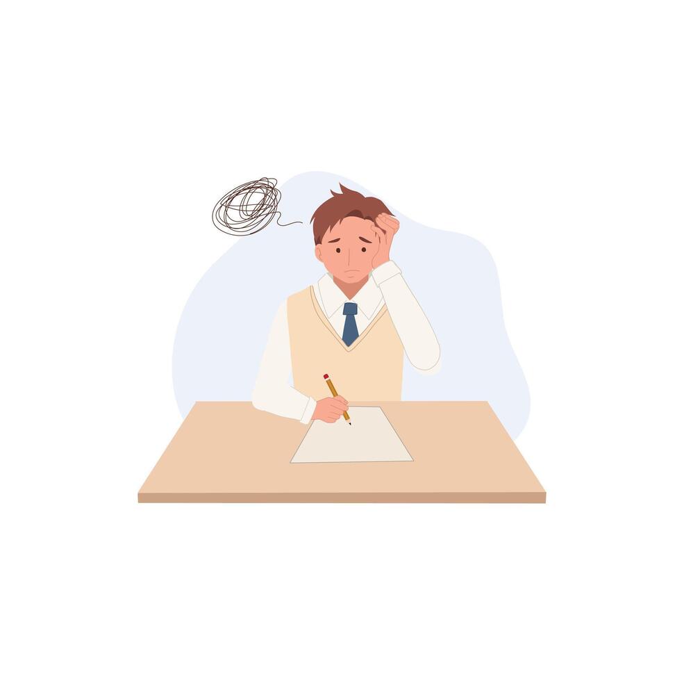Learning and Education concept. Korean student character Doing Exam on the desk. exam is difficult, he getting some confuse. vector