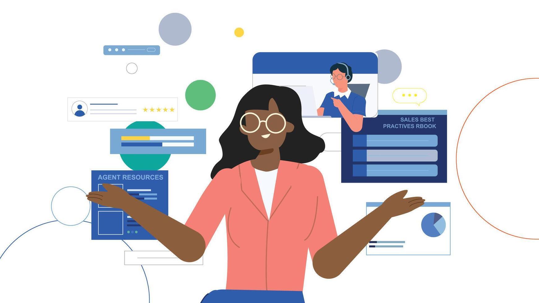 Woman showcasing agent resources and tools vector