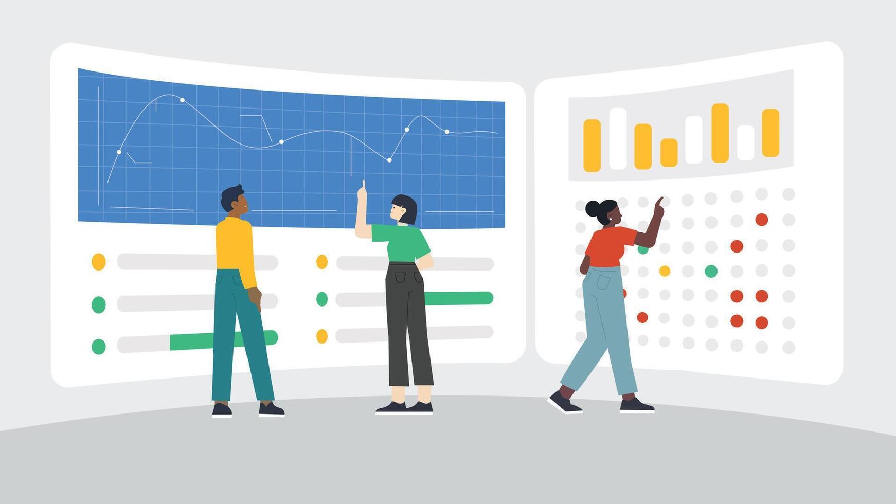 Team analyzing data on a large screen vector