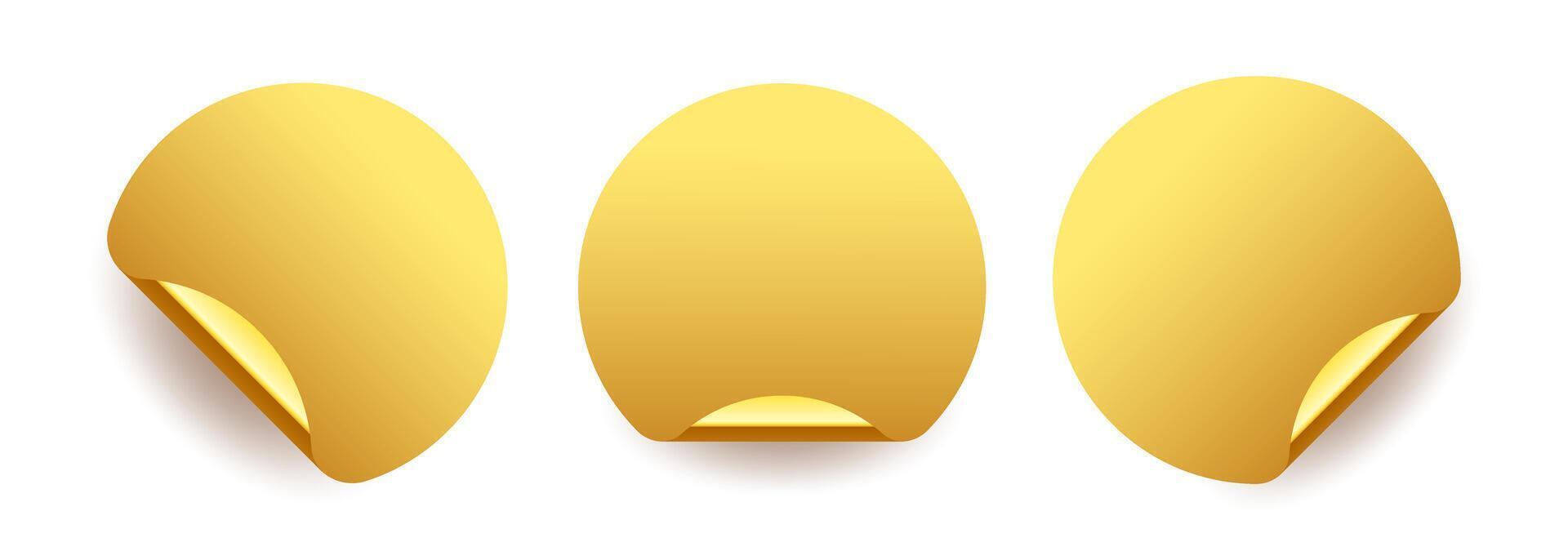 Set of gold round stickers with curled edges, showing shiny golden back side. 3D circular blank labels with glossy peel effect, ideal for promotions, sales, awards. vector