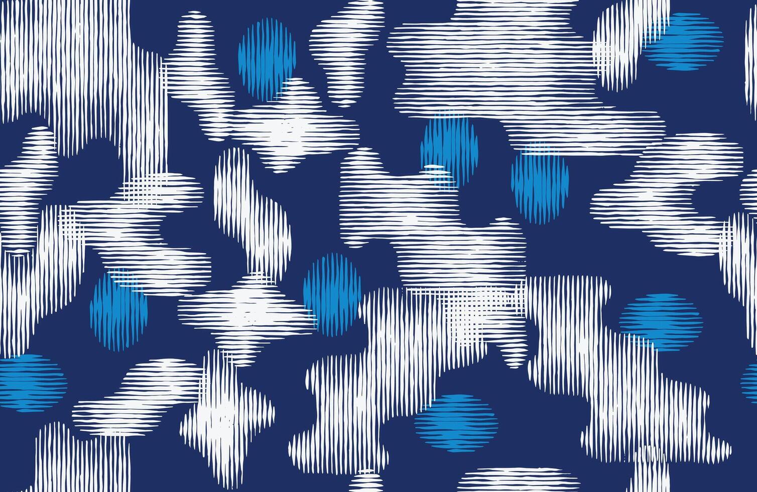 Seamless abstract pattern with hand drawn white linear shapes and blue gradient circles on a deep navy background. Modern, textured design ideal for textiles, wallpapers, and surface prints. vector