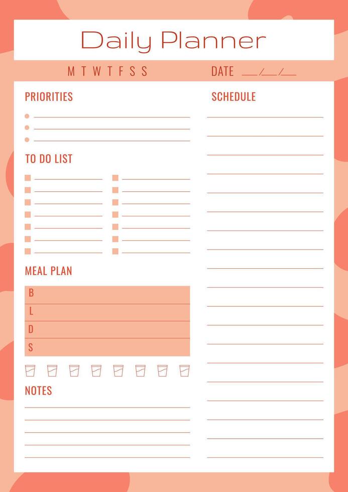 Daily planner page template Organic Blobs design. Vertical simple journal routine organizer vector