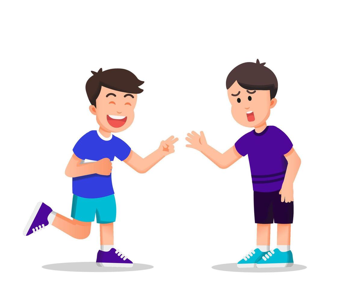 two kids playing rock and paper scissors, one of them is very happy because he won the game vector