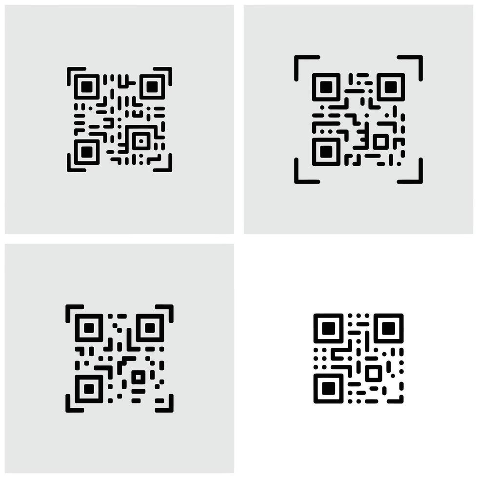 Four Variations of a Black and White Q R Code Icon Set on a Light Gray Background Digital Design Element for Website or App Interface vector