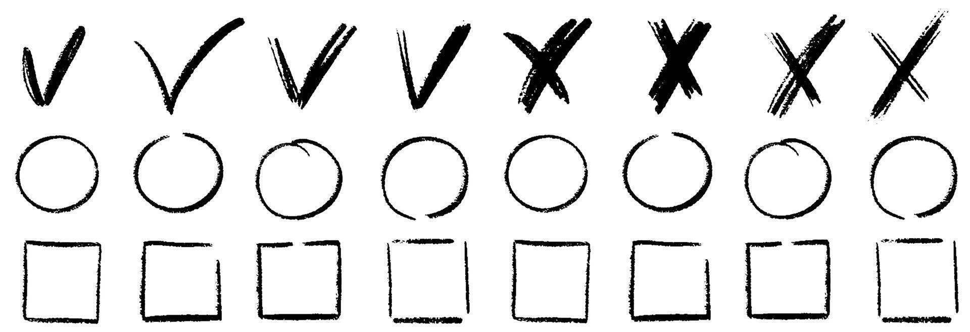 Check marks doodle set. Crayon Vote, yes, no, checkbox, checklist, tick and cross signs, v and x drawn concept. hand drawn doodle sketch style illustration vector