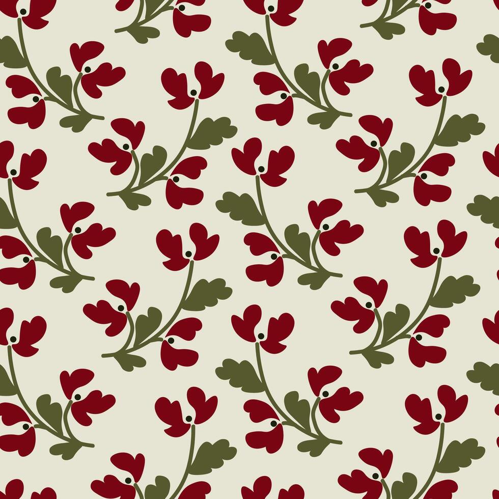 Seamless pattern featuring stylized red flowers with leaves in folk art style.Traditional botanical motif on soft light background. Ideal for boho decor and romantic prints vector
