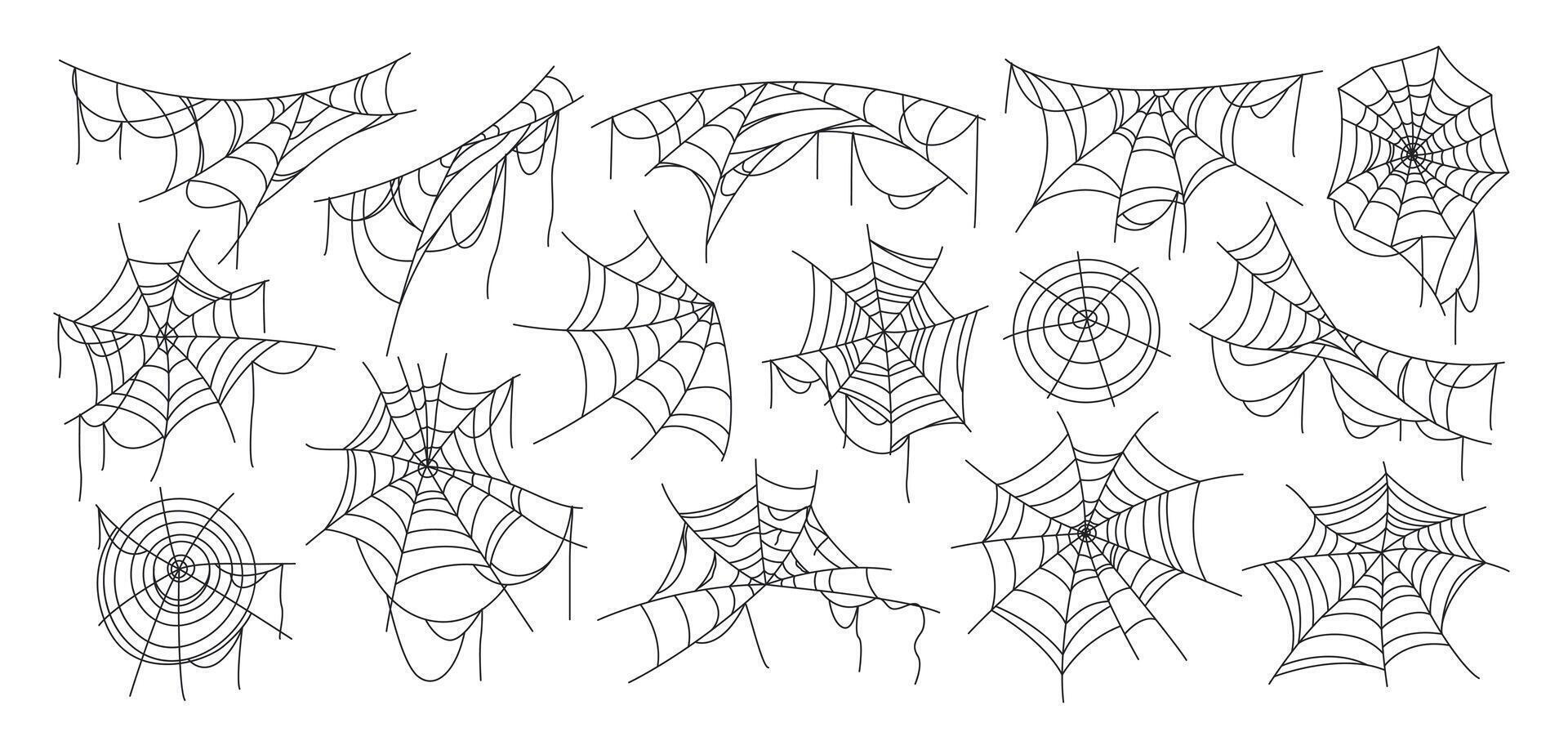 Halloween cobweb set. Isolated hand drawn spiderweb bundle in various shapes for spooky and gothic designs. Black elements for web, print, and party themes. Line art objects on white. vector