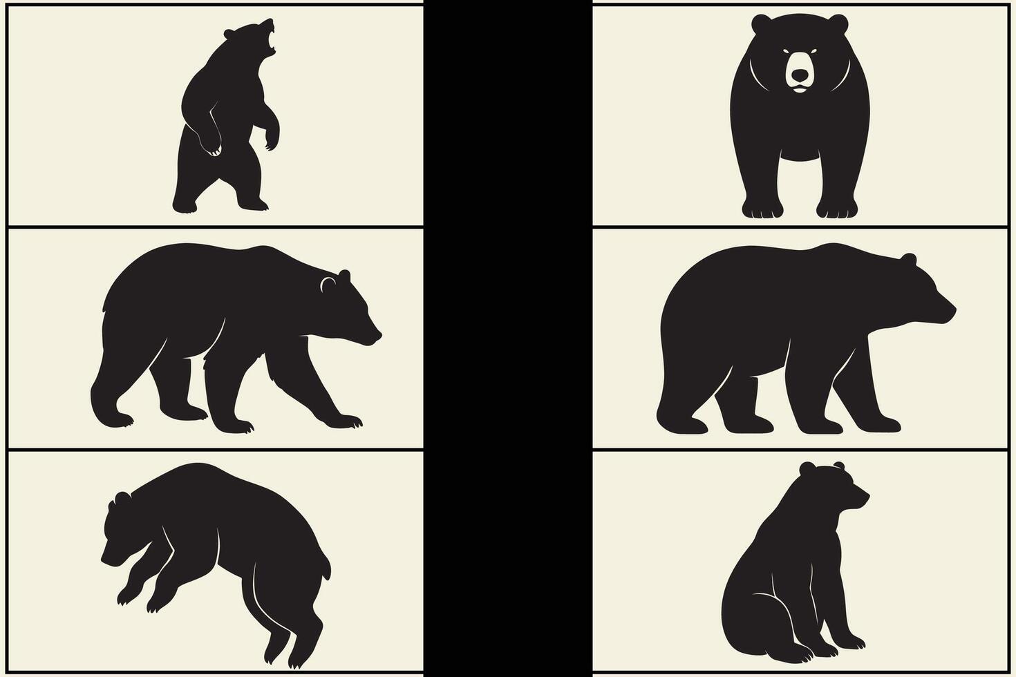 Six editable silhouette graphics of bears in various poses vector