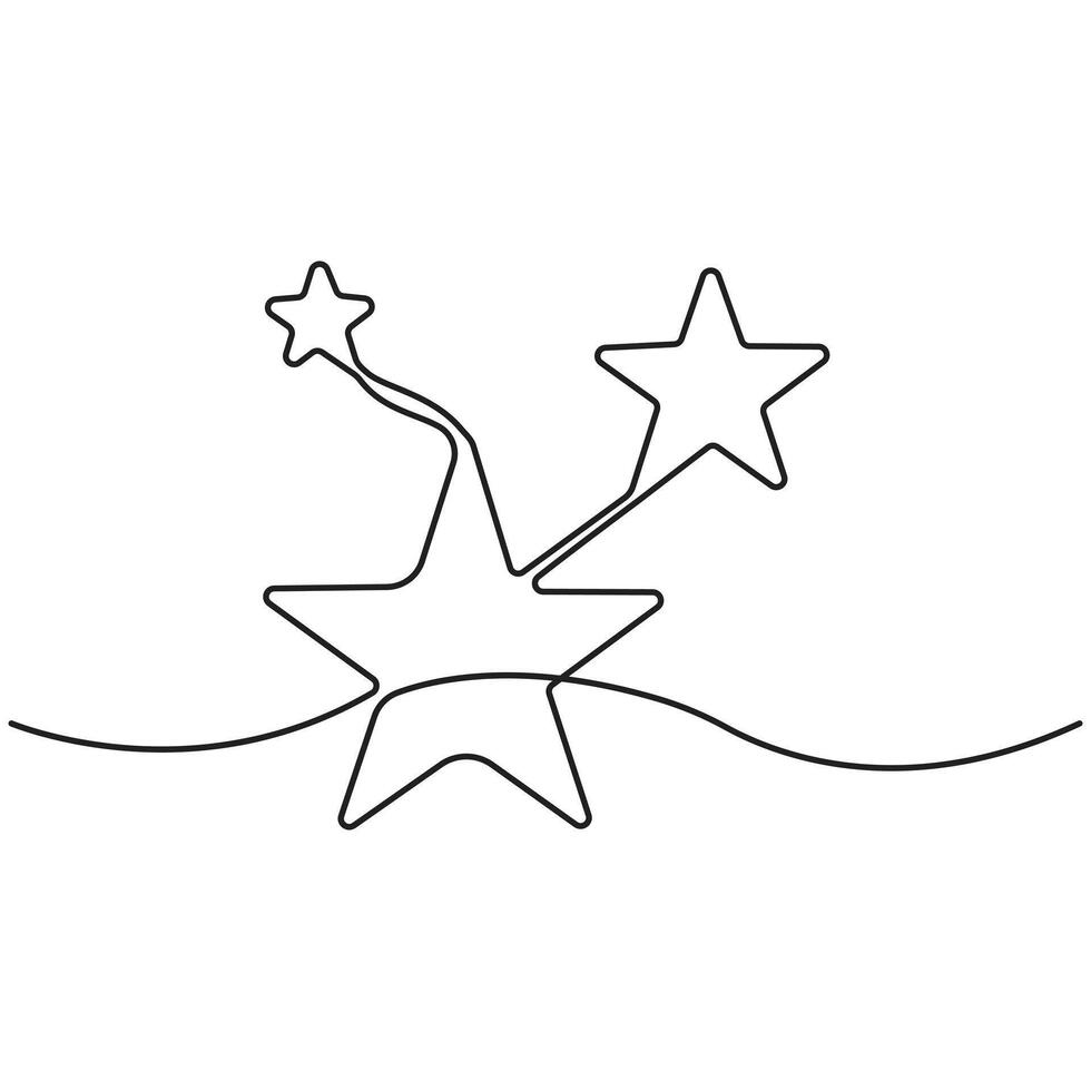 A single continuous line drawing of three sparkling stars, a minimalist symbol for celebration, success, and quality rating. vector