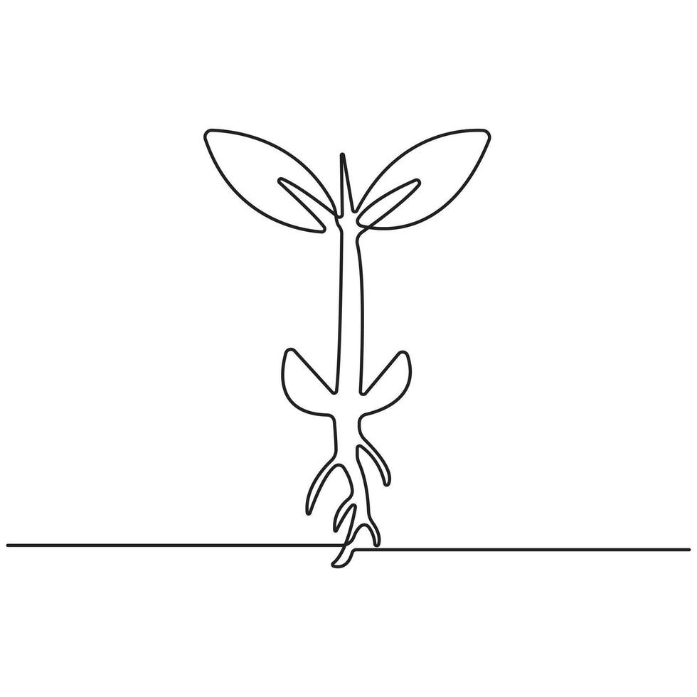 One continuous line drawing of a plant sprout with leaves and roots ...