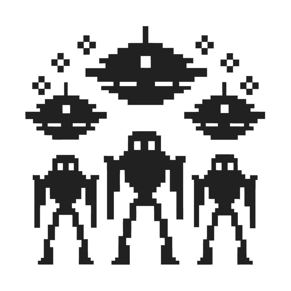 Retro pixel alien invasion with robotic characters and spaceships classic arcade game enemies, black and white digital art vector