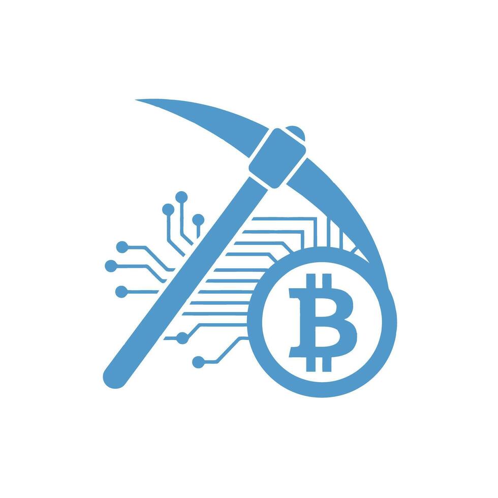 Symbolic Representation of Bitcoin Mining Cryptocurrency with Mining Pickaxe and Digital Circuitry Illustration vector