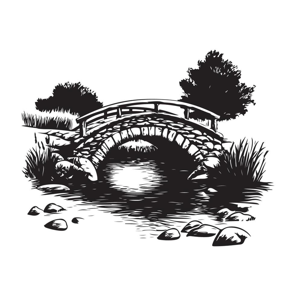 Old Rustic Stone Bridge Crossing Pathway with Gentle Stream Flowing Beneath It vector